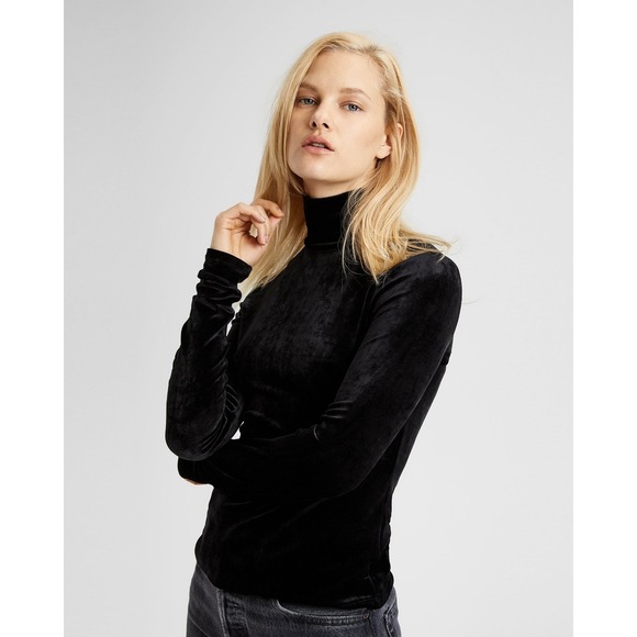 Theory Sweaters - THEORY Black VELVET Velour Knit Stretch Turtleneck L/S Top SMALL Minimalist
